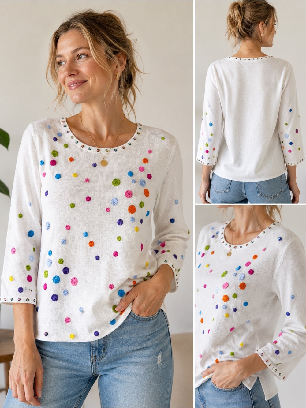 Vintage Design Options Philip Jane Gordon Embroidered Dot Sweater L NWT